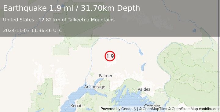 Earthquake 53 km N of Sutton-Alpine, Alaska (1.9 ml) (2024-11-03 11:36:46 UTC)