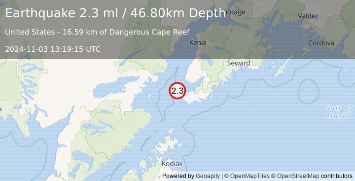 Earthquake 19 km NW of Nanwalek, Alaska (2.3 ml) (2024-11-03 13:19:15 UTC)