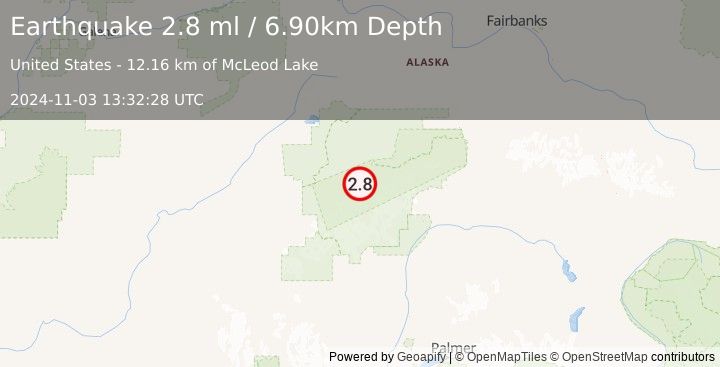 Earthquake 41 km SE of Denali National Park, Alaska (2.8 ml) (2024-11-03 13:32:28 UTC)