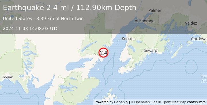 Earthquake 65 km ENE of Pedro Bay, Alaska (2.4 ml) (2024-11-03 14:08:03 UTC)