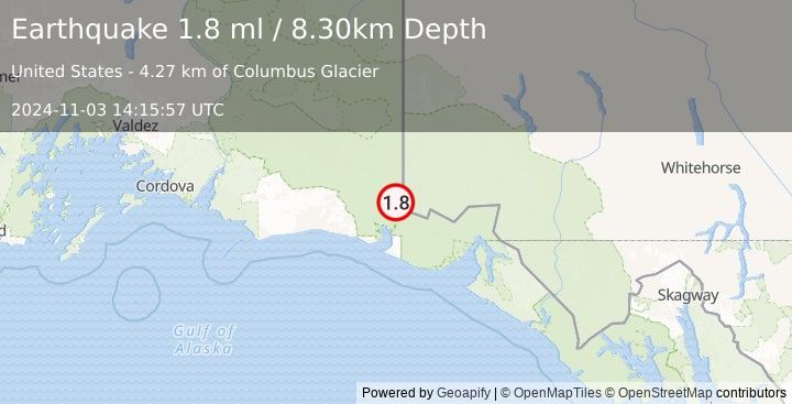 Earthquake 122 km NW of Yakutat, Alaska (1.8 ml) (2024-11-03 14:15:57 UTC)