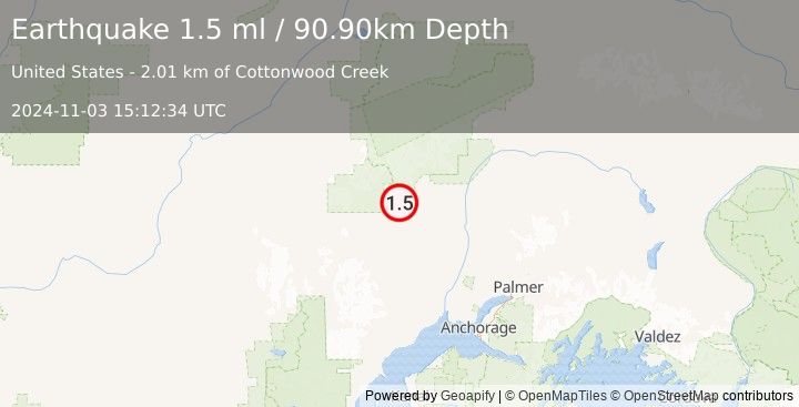 Earthquake 38 km WSW of Petersville, Alaska (1.5 ml) (2024-11-03 15:12:34 UTC)