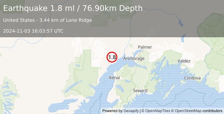 Earthquake 23 km NW of Beluga, Alaska (1.8 ml) (2024-11-03 16:03:57 UTC)