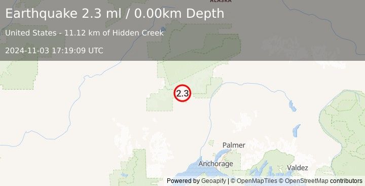 Earthquake 34 km WNW of Petersville, Alaska (2.3 ml) (2024-11-03 17:19:09 UTC)