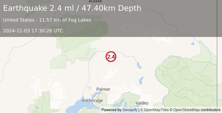 Earthquake 80 km SSE of Cantwell, Alaska (2.4 ml) (2024-11-03 17:30:26 UTC)