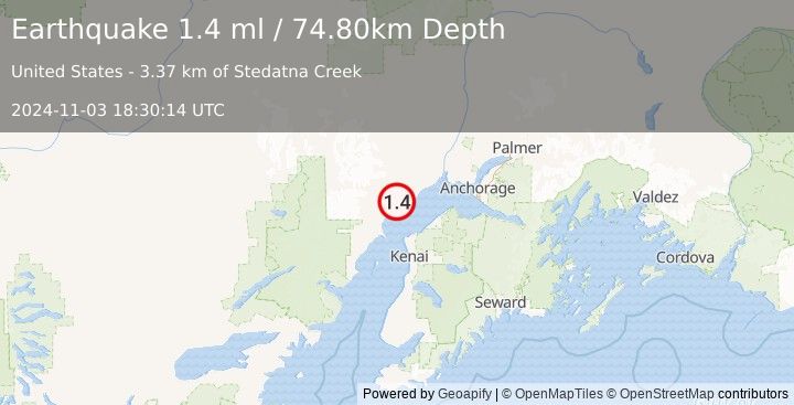 Earthquake 19 km W of Tyonek, Alaska (1.4 ml) (2024-11-03 18:30:14 UTC)