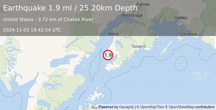 Earthquake 5 km SW of Nikolaevsk, Alaska (1.9 ml) (2024-11-03 19:42:54 UTC)