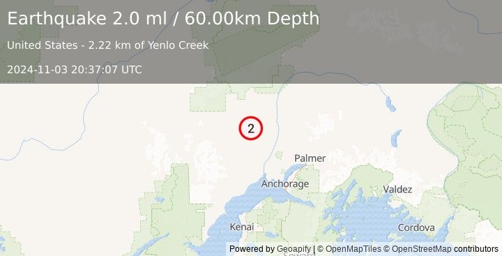 Earthquake 23 km ENE of Skwentna, Alaska (2.0 ml) (2024-11-03 20:37:07 UTC)