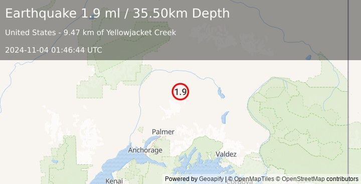 Earthquake 69 km N of Chickaloon, Alaska (1.9 ml) (2024-11-04 01:46:44 UTC)