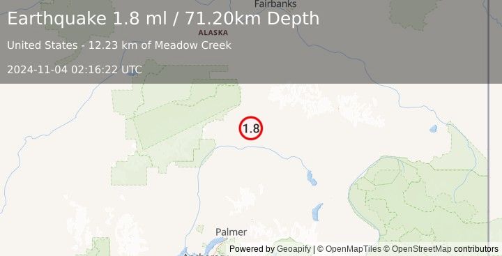 Earthquake 38 km SE of Cantwell, Alaska (1.8 ml) (2024-11-04 02:16:22 UTC)