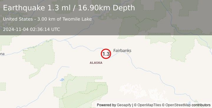 Earthquake 16 km NNE of Four Mile Road, Alaska (1.3 ml) (2024-11-04 02:36:14 UTC)