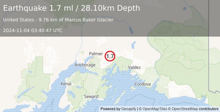 Earthquake 36 km SSE of Chickaloon, Alaska (1.7 ml) (2024-11-04 03:40:47 UTC)