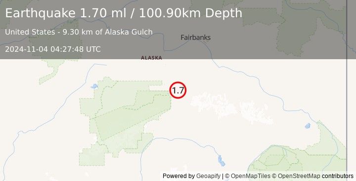 Earthquake 22 km ENE of Denali Park, Alaska (1.7 ml) (2024-11-04 04:27:48 UTC)