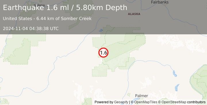 Earthquake 47 km SSW of Denali National Park, Alaska (1.6 ml) (2024-11-04 04:38:38 UTC)