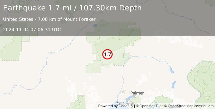 Earthquake 54 km NNW of Petersville, Alaska (1.7 ml) (2024-11-04 07:06:31 UTC)