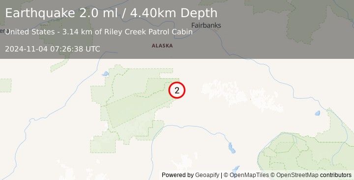 Earthquake 18 km SSW of Denali Park, Alaska (2.0 ml) (2024-11-04 07:26:38 UTC)