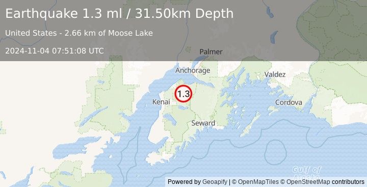 Earthquake 30 km SE of Point Possession, Alaska (1.3 ml) (2024-11-04 07:51:08 UTC)