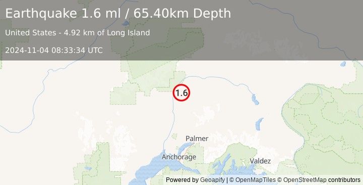 Earthquake 19 km ENE of Chase, Alaska (1.6 ml) (2024-11-04 08:33:34 UTC)