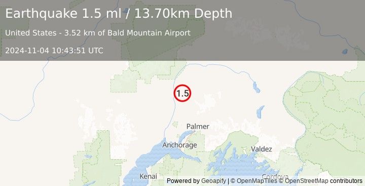 Earthquake 13 km NNE of Susitna North, Alaska (1.5 ml) (2024-11-04 10:43:51 UTC)