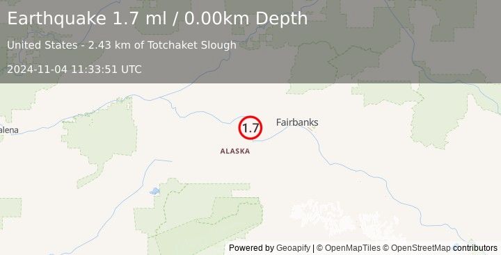 Earthquake 18 km N of Four Mile Road, Alaska (1.7 ml) (2024-11-04 11:33:51 UTC)