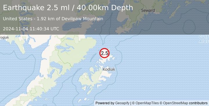 Earthquake 43 km NNE of Aleneva, Alaska (2.5 ml) (2024-11-04 11:40:34 UTC)