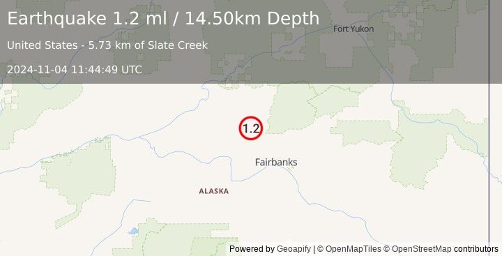 Earthquake 26 km S of Livengood, Alaska (1.2 ml) (2024-11-04 11:44:49 UTC)