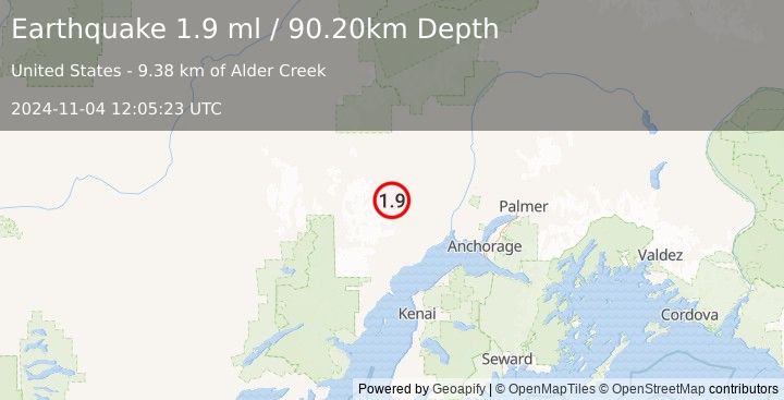 Earthquake 41 km SSW of Skwentna, Alaska (1.9 ml) (2024-11-04 12:05:23 UTC)