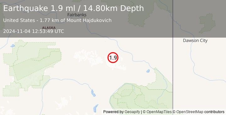 Earthquake 29 km WSW of Dry Creek, Alaska (1.9 ml) (2024-11-04 12:53:49 UTC)