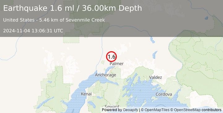 Earthquake 16 km NW of Fishhook, Alaska (1.6 ml) (2024-11-04 13:06:31 UTC)