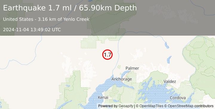 Earthquake 26 km ENE of Skwentna, Alaska (1.7 ml) (2024-11-04 13:49:02 UTC)