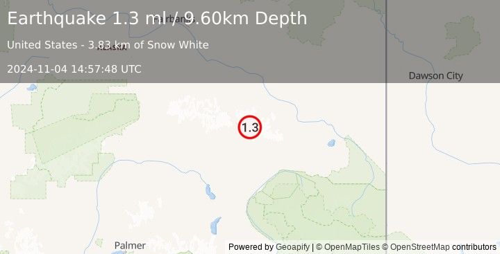 Earthquake 31 km NNE of Paxson, Alaska (1.3 ml) (2024-11-04 14:57:48 UTC)