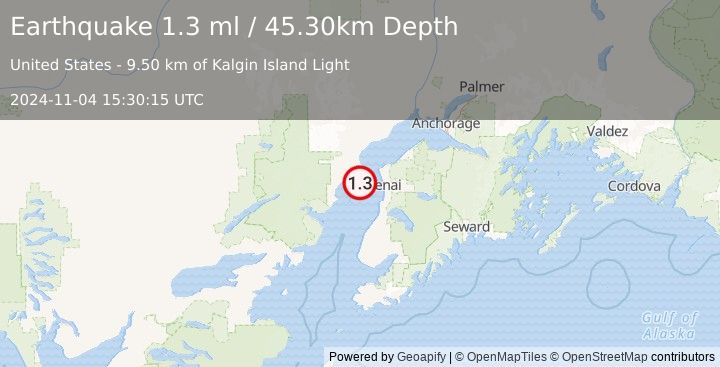 Earthquake 26 km WSW of Salamatof, Alaska (1.3 ml) (2024-11-04 15:30:15 UTC)