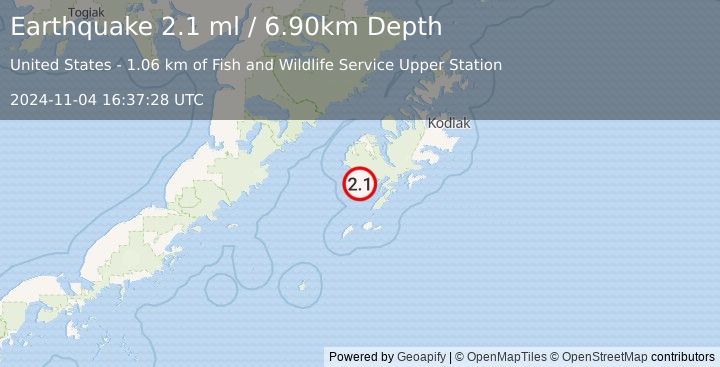 Earthquake 17 km NW of Akhiok, Alaska (2.1 ml) (2024-11-04 16:37:28 UTC)