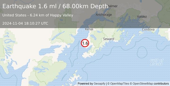 Earthquake 6 km SE of Happy Valley, Alaska (1.6 ml) (2024-11-04 18:10:27 UTC)