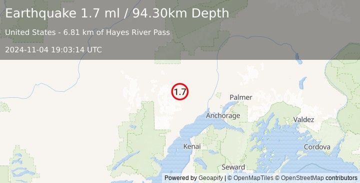 Earthquake 36 km SSW of Skwentna, Alaska (1.7 ml) (2024-11-04 19:03:14 UTC)