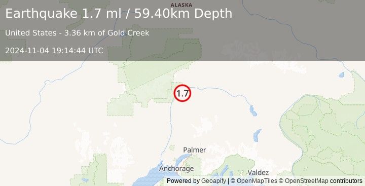 Earthquake 41 km NE of Chase, Alaska (1.7 ml) (2024-11-04 19:14:44 UTC)