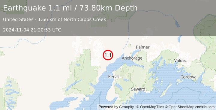 Earthquake 36 km WNW of Beluga, Alaska (1.1 ml) (2024-11-04 21:20:53 UTC)