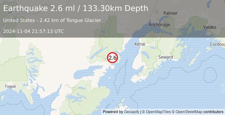 Earthquake 60 km ENE of Pedro Bay, Alaska (2.6 ml) (2024-11-04 21:57:13 UTC)