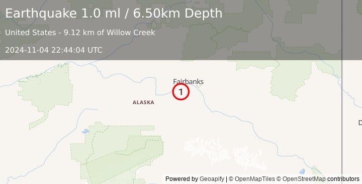 Earthquake 22 km SSW of South Van Horn, Alaska (1.0 ml) (2024-11-04 22:44:04 UTC)