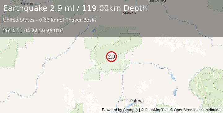 Earthquake 63 km N of Petersville, Alaska (2.9 ml) (2024-11-04 22:59:46 UTC)