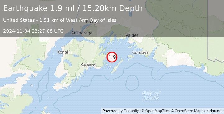 Earthquake 37 km NNE of Chenega, Alaska (1.9 ml) (2024-11-04 23:27:08 UTC)