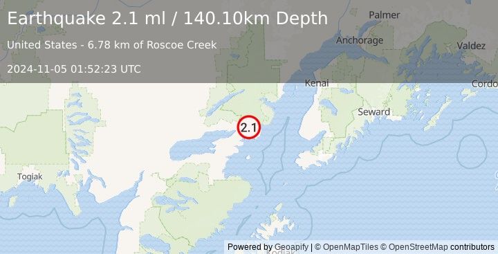 Earthquake 39 km E of Pedro Bay, Alaska (2.1 ml) (2024-11-05 01:52:23 UTC)