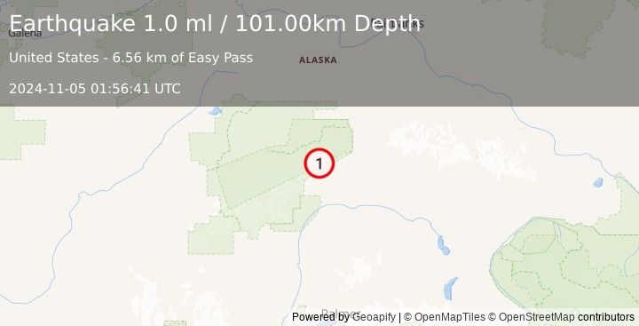 Earthquake 35 km WSW of Cantwell, Alaska (1.0 ml) (2024-11-05 01:56:41 UTC)