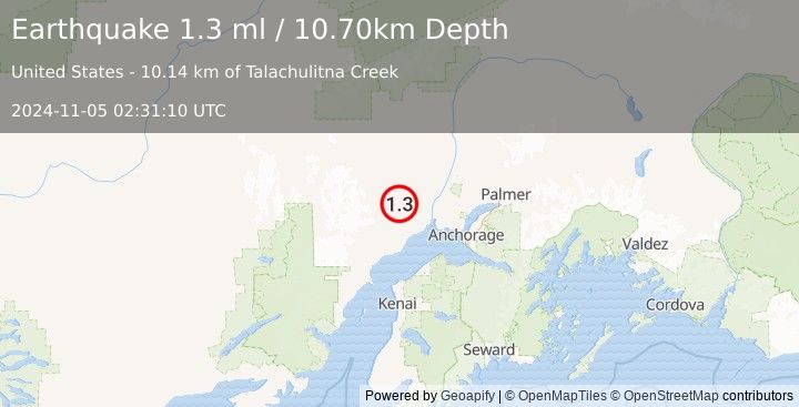 Earthquake 37 km W of Susitna, Alaska (1.3 ml) (2024-11-05 02:31:10 UTC)