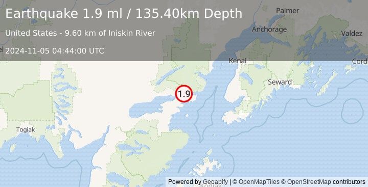 Earthquake 31 km ENE of Pedro Bay, Alaska (1.9 ml) (2024-11-05 04:44:00 UTC)