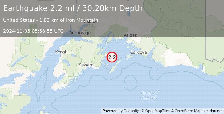 Earthquake 40 km NNE of Chenega, Alaska (2.2 ml) (2024-11-05 05:58:55 UTC)