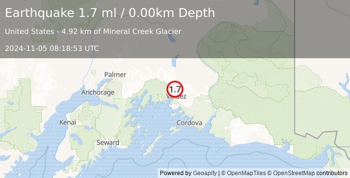 Earthquake 17 km N of Valdez, Alaska (1.7 ml) (2024-11-05 08:18:53 UTC)