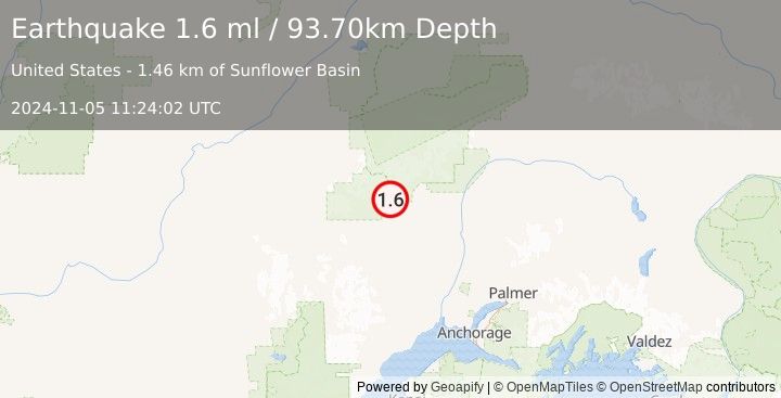 Earthquake 42 km W of Petersville, Alaska (1.6 ml) (2024-11-05 11:24:02 UTC)