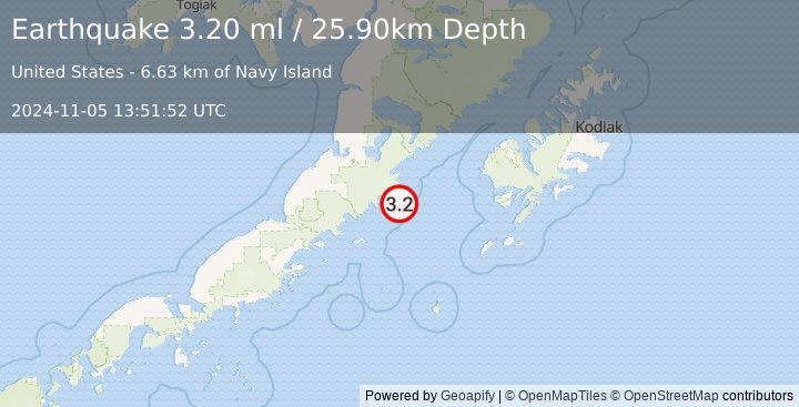 Earthquake 87 km SE of Ugashik, Alaska (3.2 ml) (2024-11-05 13:51:52 UTC)