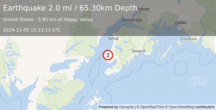 Earthquake 3 km E of Happy Valley, Alaska (2.0 ml) (2024-11-05 15:23:13 UTC)